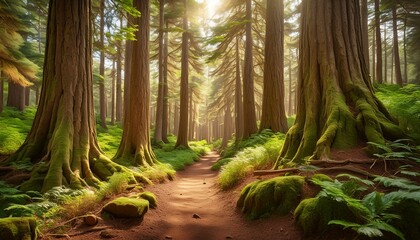 Fototapeta premium A quiet forest path with tall, old trees