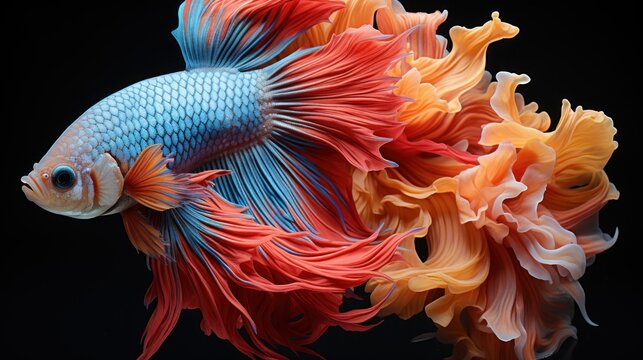 An extremely detailed image of a Betta fish with vivid blue and orange colors and elegantly flowing fins against a dark background