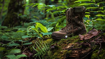 Hiking Boots Resting on Enchanted Moss-Covered Log