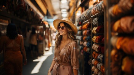 Fototapeta premium Stylish woman with sunglasses and hat shopping at a colorful fabric bazaar