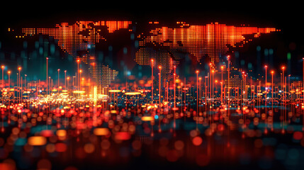 Trading candle chart with a backdrop of a digital world map. Abstract depiction of financial markets and global economic activity.