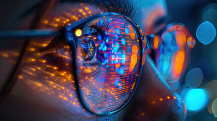 close-up of an eye behind coding glasses, leveraging AI tools for efficient office work. Technology enhances productivity in modern workplaces.