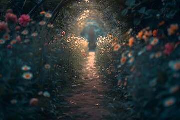 A path lined with flowers that emit a soft, natural light in the darkness