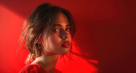 Naklejka premium Portrait of young beautiful woman in red dress background copy space