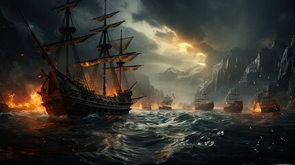 A dramatic depiction of a historical naval battle with sailing ships engulfed in flames and turbulent sea waters
