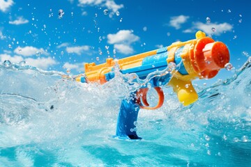 Vibrant water gun making a splash in crystal-clear pool water on a sunny day