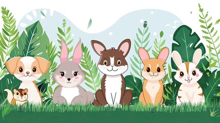 a dog, cat, rabbit, ferret, and hamster gathered on the grass in a charming garden setting, showcasing their adorable camaraderie amidst lush greenery.