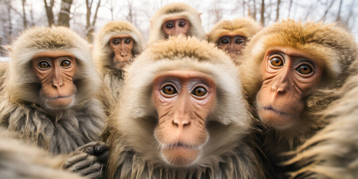 Group of Curious Monkeys Posing at Camera. A lively and expressive group of monkeys with wide eyes and open mouths, showcasing a range of emotions and curiosity.
