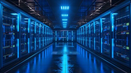 Fototapeta premium Blue server room with bright lights