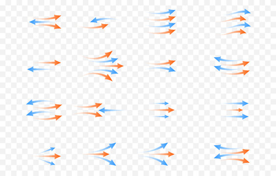 Vector set of arrows png. Heat and cold arrows png. Heat and cold flow. Red and blue arrows on an isolated transparent background.