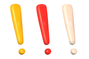 3d white, red, yellow exclamation mark set isolated on color background. Alert or error sign 3d vector render. Exclamation icon mark set