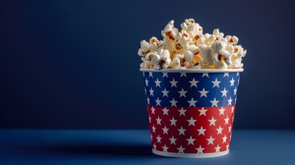 A bucket of popcorn with an American flag design sits against a dark blue background, ready for a movie night or patriotic celebration.