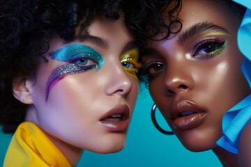 two diverse models showcasing bold eye makeup and setting spray. Vibrant and energetic mood, playful atmosphere