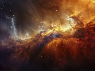 A dramatic nebula with bright, fiery orange and yellow hues contrasting against dark, shadowy regions. The intricate gas and dust formations create a dynamic and ethereal appearance.