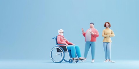 Obraz premium 3D rendering of a group of diverse people. An elderly person in a wheelchair, a man and a woman standing. Isolated on a blue background.