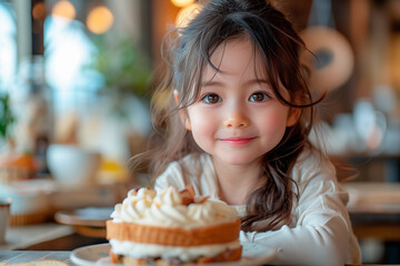 Cute 5 years old girl looking at birthday cake piece  and smiling