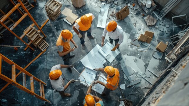 Construction workers are working on a building site. They are wearing hard hats and safety vests. They are using tools and equipment to build the building. AIG535 - Powered by Adobe