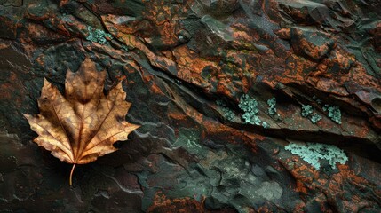 Obraz premium A leaf resting on a rock covered with patina