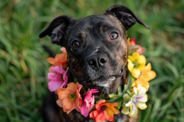 Elegant Dog Adorned with Colorful Flower Collar on Nature Background