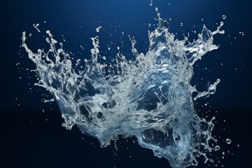 High-speed capture of a clear water splash with droplets suspended in air on a deep blue backdrop