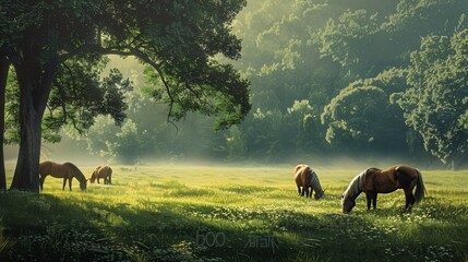 Horses Grazing in a Meadow