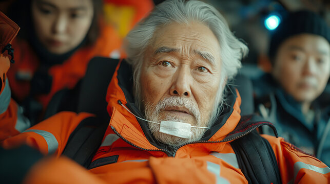 An old man with white hair and beard is sitting in an orange jacket