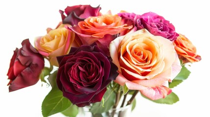 A vibrant bouquet of roses in various colors, including red, orange, and pink, set against a white background, perfect for any occasion.
