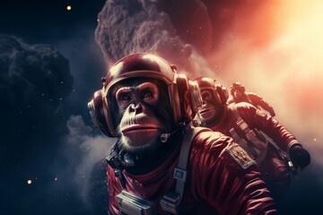 A group of monkeys dressed as astronauts explore space.