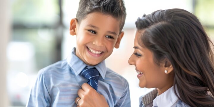 A mother is helping her son get ready for school.