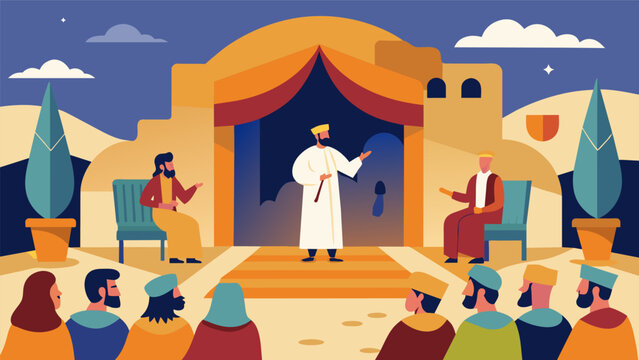 The stage is transformed into a scene from ancient Jerusalem as performers recite the parables of Jesus bringing his teachings to life.. Vector illustration