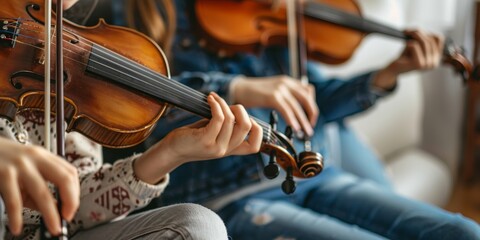 Close-up of unrecognizable people playing the violin.