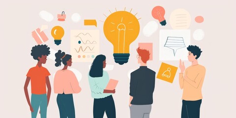 Diverse group of people brainstorming ideas in a creative and collaborative environment.