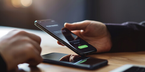 Close-up of hands using smartphone at desk.