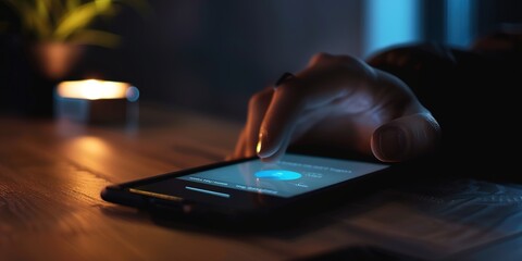 Hand touching smartphone screen in dark, glowing interface.