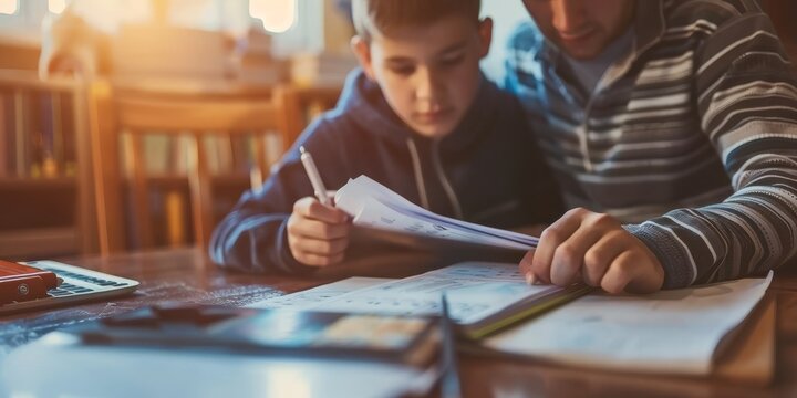Father and son doing homework together