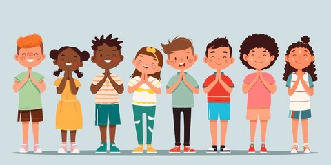 Group of diverse children praying together.