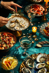 Set of summer seafood dishes. Fish, squid, mussels, octopus, shells on a green cloth tablecloth.