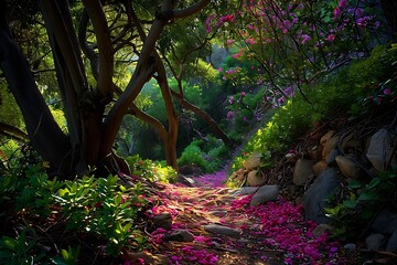 A secluded cove with a dense growth of young trees and a floor of brightly colored petals
