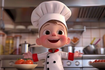 A Cheerful 3D Cartoon Chef Kid Proudly Wears His Uniform Inspired and Eager to Pursue His Culinary Dreams