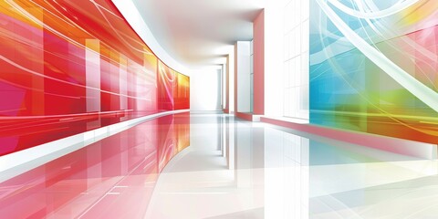 The image shows a futuristic hallway with colorful glass walls and a glossy floor reflecting the light.