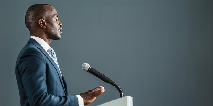 Man in suit speaking at podium, side view, gray background
