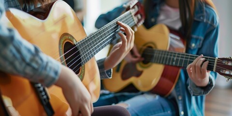 Two people playing acoustic guitars