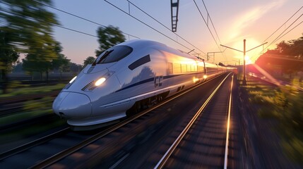 Fototapeta premium A super realistic image of a high-speed train traveling through a scenic countryside,