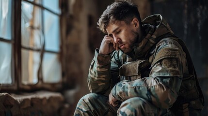 Closeup of Soldier after fighting in war sitting in room