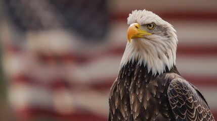 Close-up of majestic bald eagle with American flag background, symbolizing patriotism, strength, and freedom in the United States.