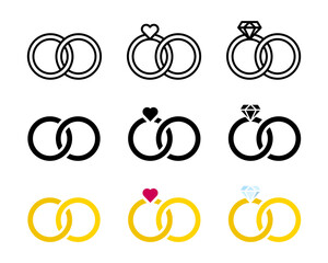 Wedding rings icon set. Marriage symbol. Engagement ceremony illustration isolated. Diamond jewelry with heart shaped gem. Pair of rings icon.