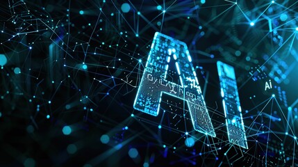 Blue AI text with digital and futuristic elements glowing in the dark, artificial intelligence banner technology, data science and innovation web internet cyber space.