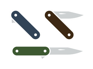 Folding knife with colored handle icon set. Pocket knife vector illustration. Sharp blade opener symbol. Camping equipment icon.