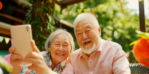 Elderly couple taking a joyful selfie in a lush garden with vibrant plants.