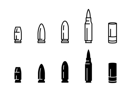 Bullet icon set. Ammo caliber vector illustration. Ammunition symbol. Gun shot pictogram.